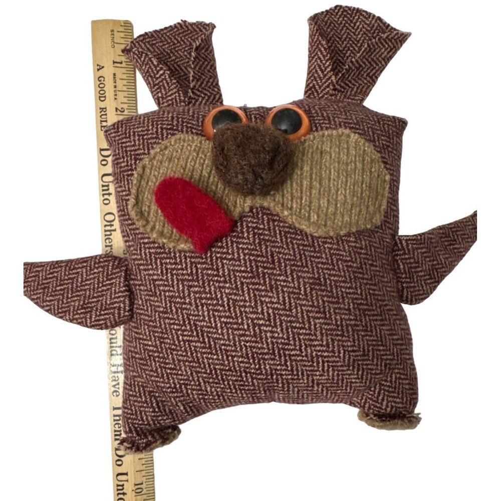 Handmade Dog Plush Toy Brown Herringbone Pattern & Button Eyes 8.5 in Vintage - Picture 9 of 9
